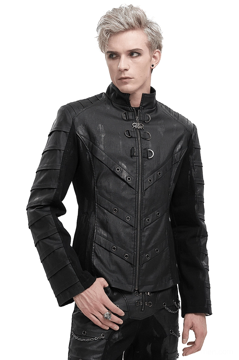 Men's gothic stand collar jacket with distressed back and metal eyelets - front view on model