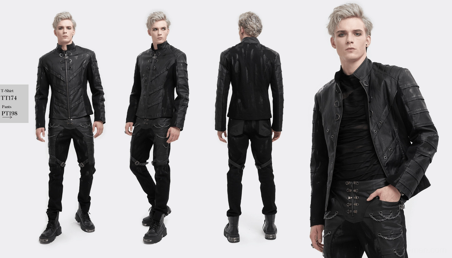 Men's gothic stand collar jacket full product view - black coated canvas with punk hardware