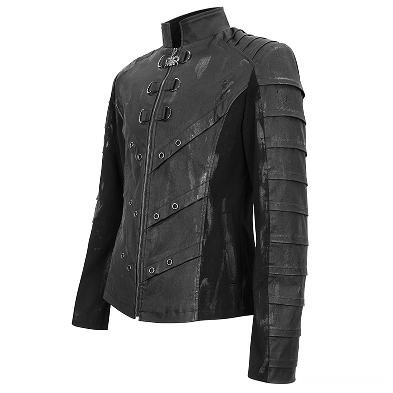 Men's gothic stand collar jacket oblique angle - coated canvas and metal hardware detail