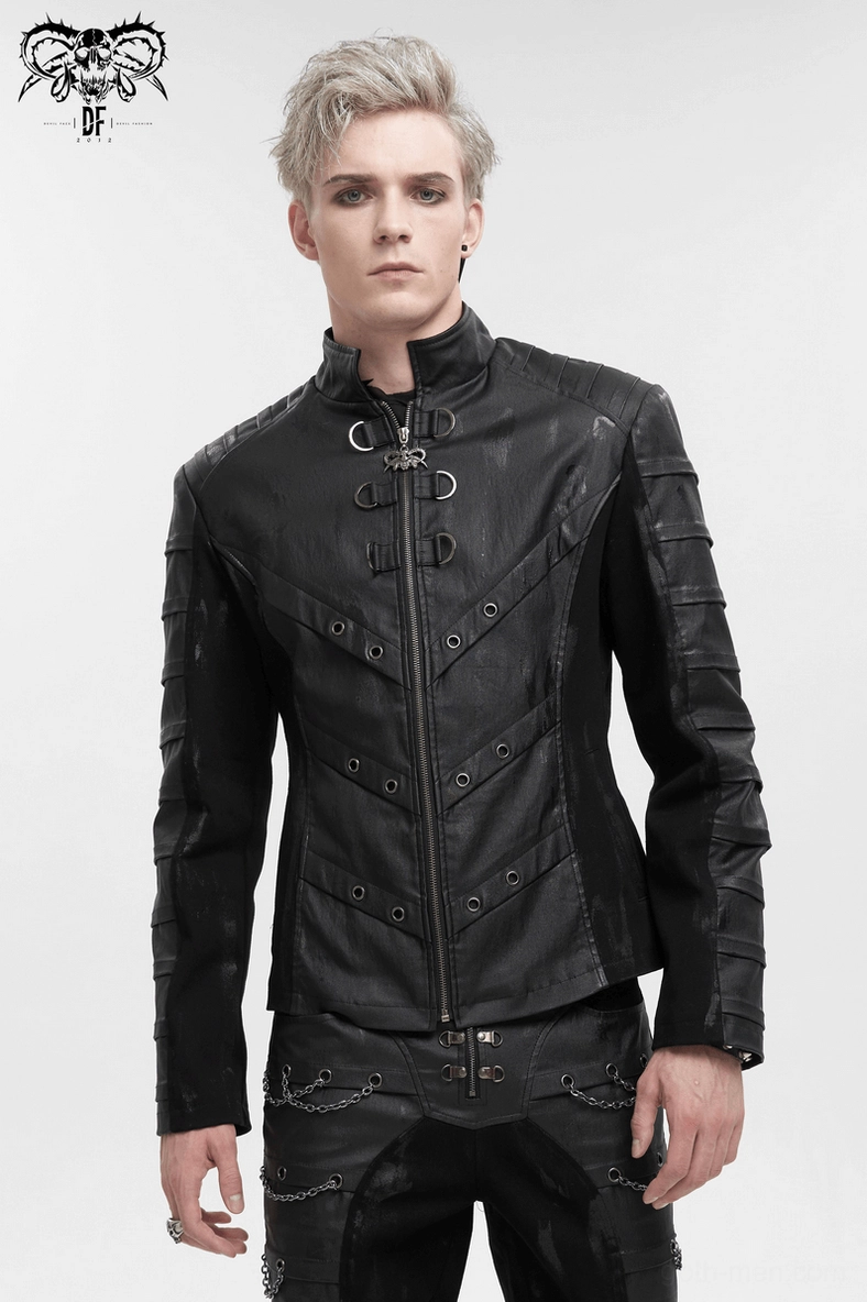 Men's gothic stand collar jacket styled with accessories - worn with punk chains and rings