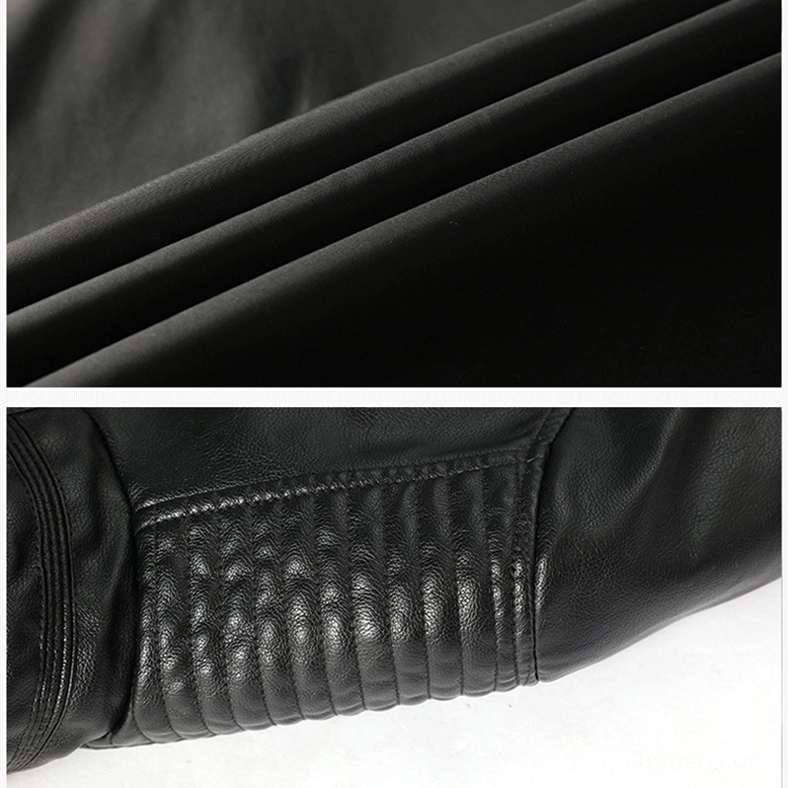 Men's gothic motorcycle jacket styling detail, showing stand collar structure, functional zippers and premium PU leather construction