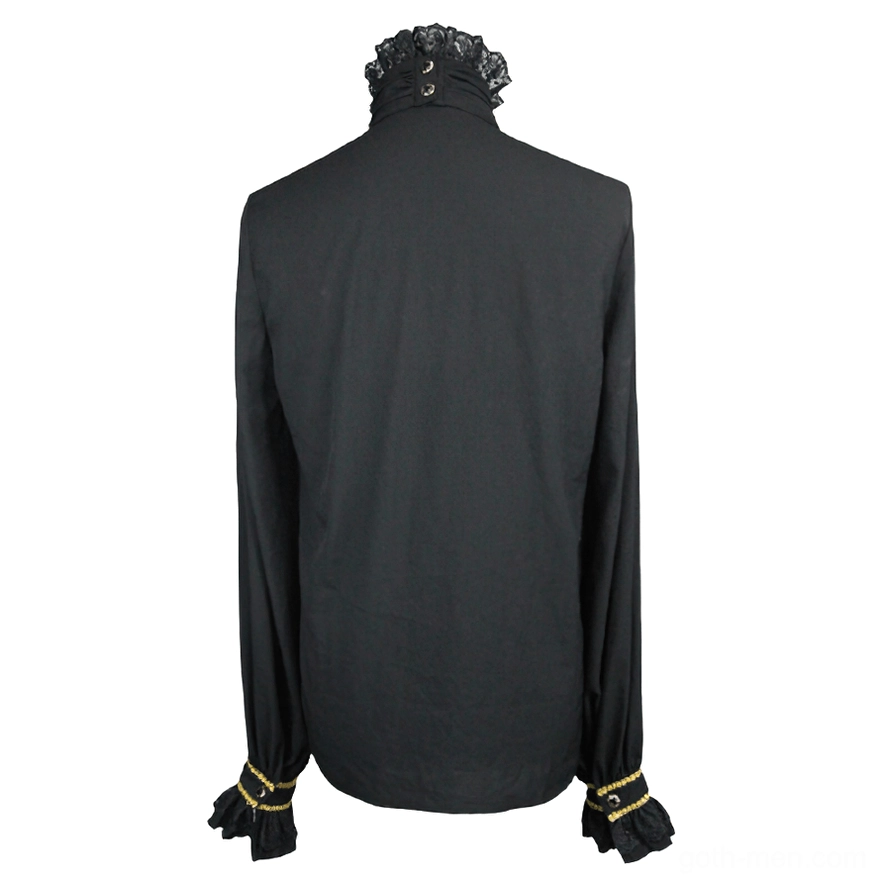 Black gothic dress shirt with stand collar and embroidered chest ruffle, back view on mannequin