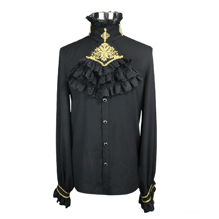 Black gothic formal shirt with gold-trimmed ruffled chest bib and stand collar, front three-quarter view on mannequin