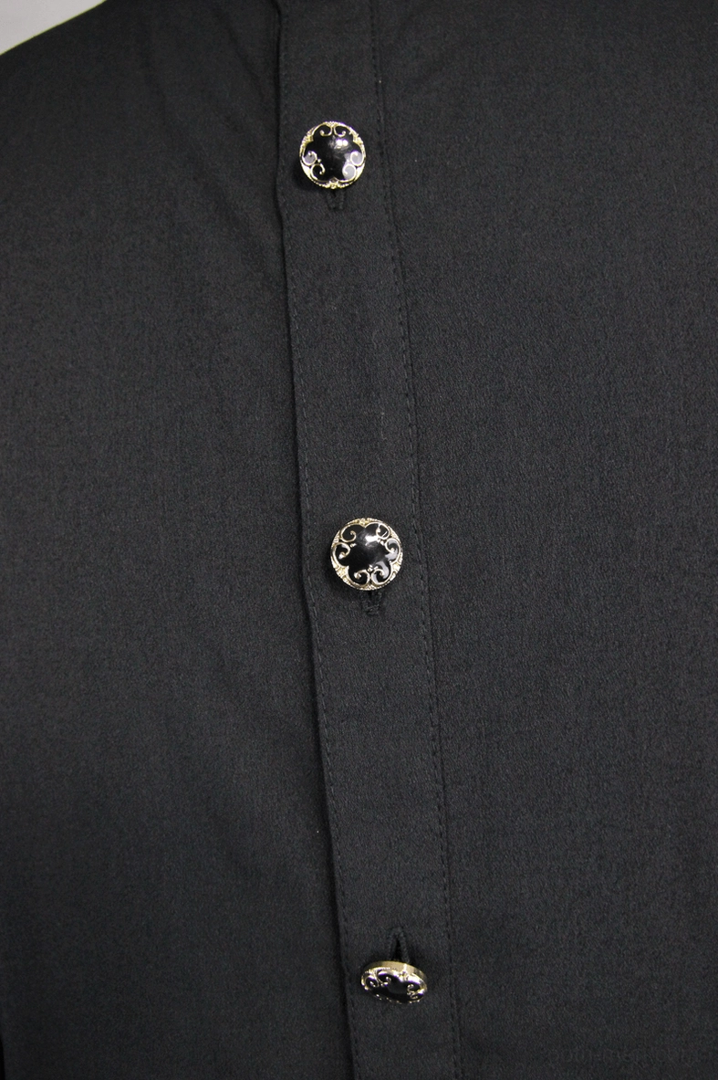 Full body view of black gothic men's dress shirt with stand collar and gold-embroidered chest ruffle
