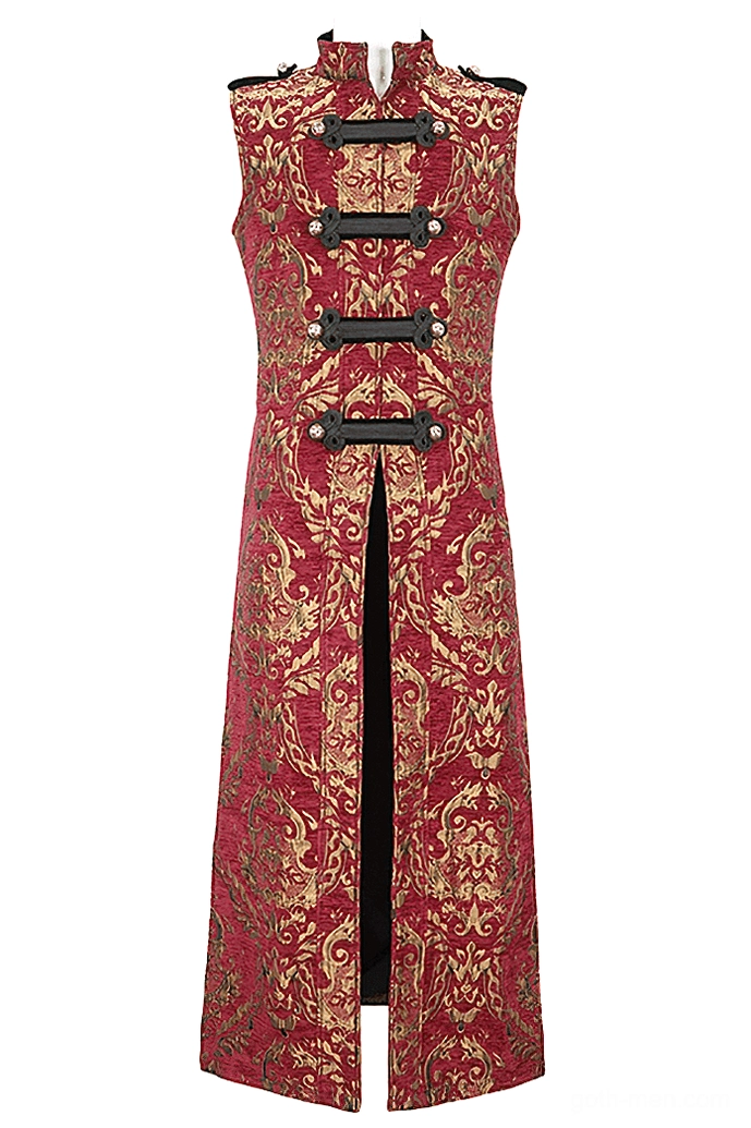 Men's gothic stand collar sleeveless long coat front view featuring deep wine red base with gold damask jacquard pattern, black knot toggle fasteners, and strategic front split hem