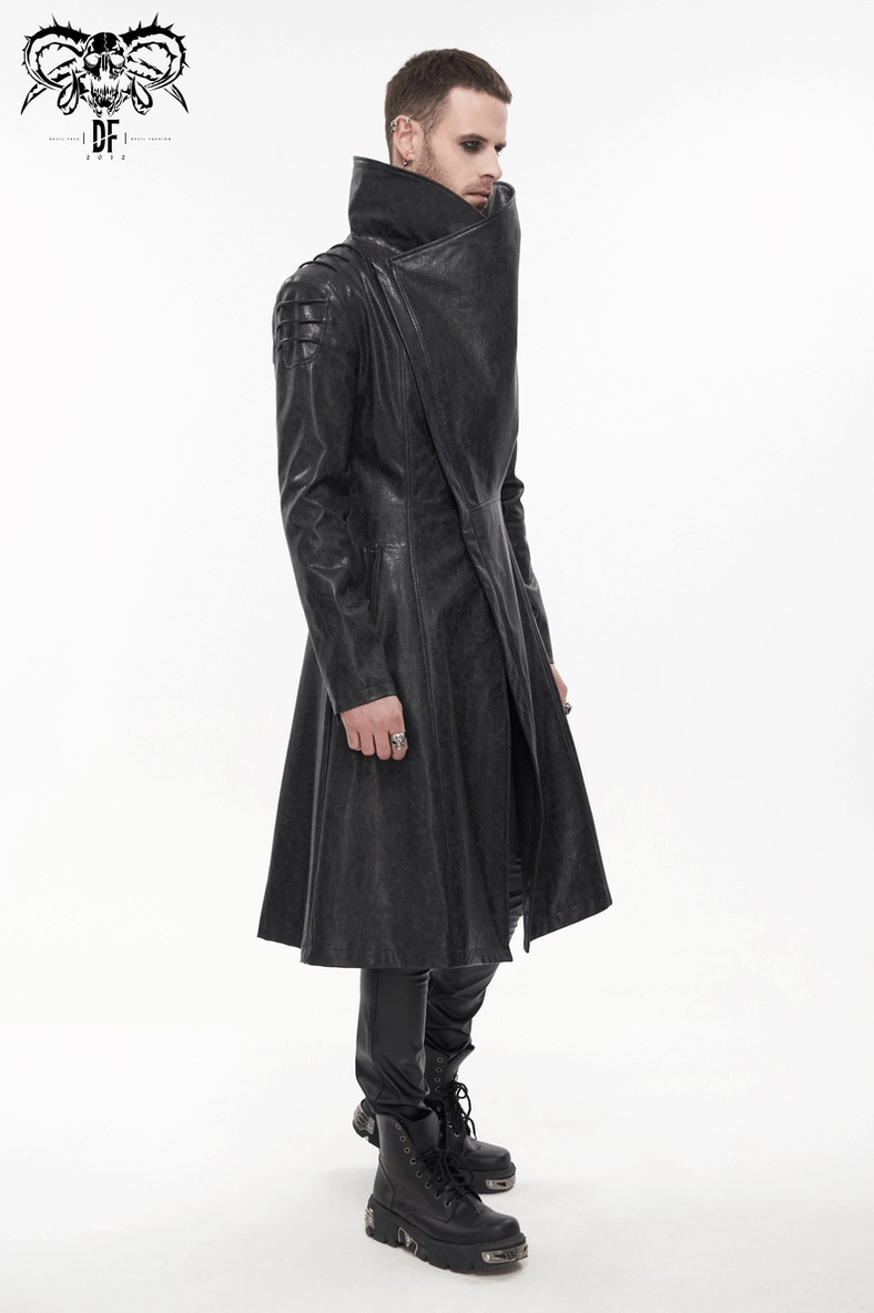 Full-length view of black gothic trench coat on model, showing complete fitted silhouette from head to toe with styling demonstration