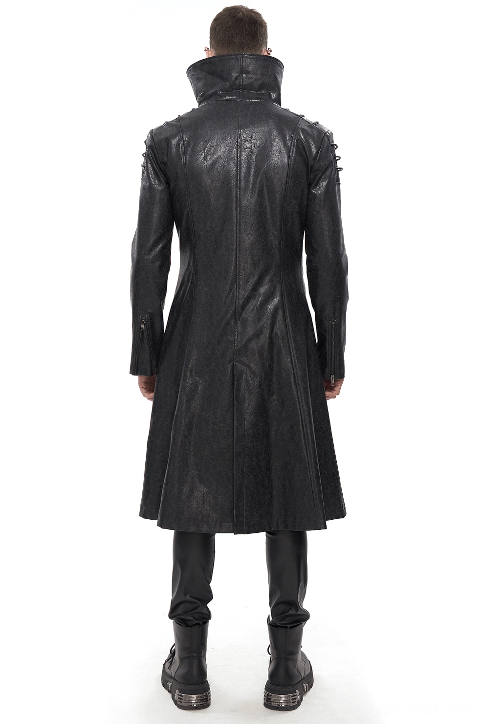 Male model wearing gothic trench coat from rear perspective, showcasing back shoulder spike details and fitted long coat silhouette
