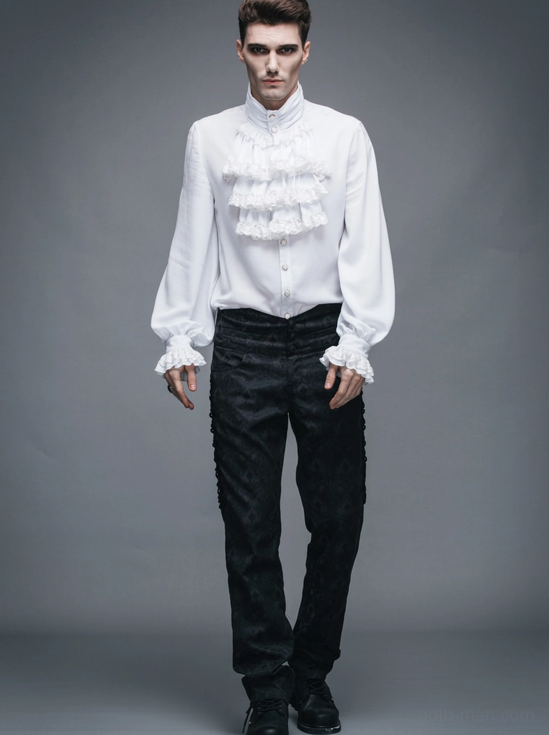 Gothic steampunk white ruffled collar stand detail, formal vintage-inspired fashion shirt