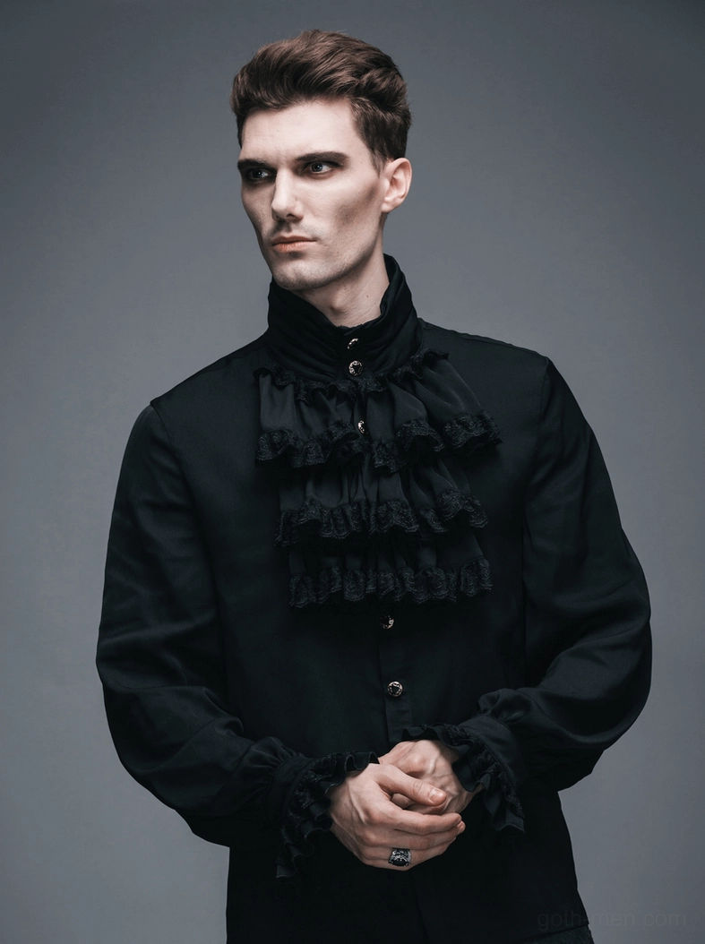 Male model displaying men's Gothic steampunk ruffled shirt, emphasizing theatrical jabot neck ruffles and formal aesthetic