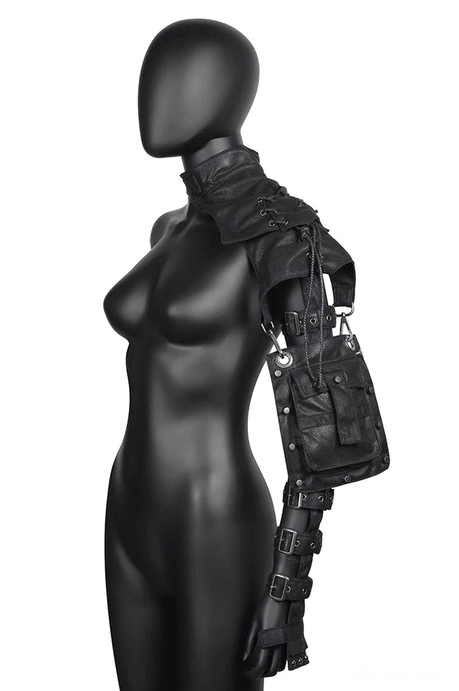 Black gothic steampunk shoulder bag with detachable arm pouch, left side view on mannequin showing metal buckle details and PU leather texture