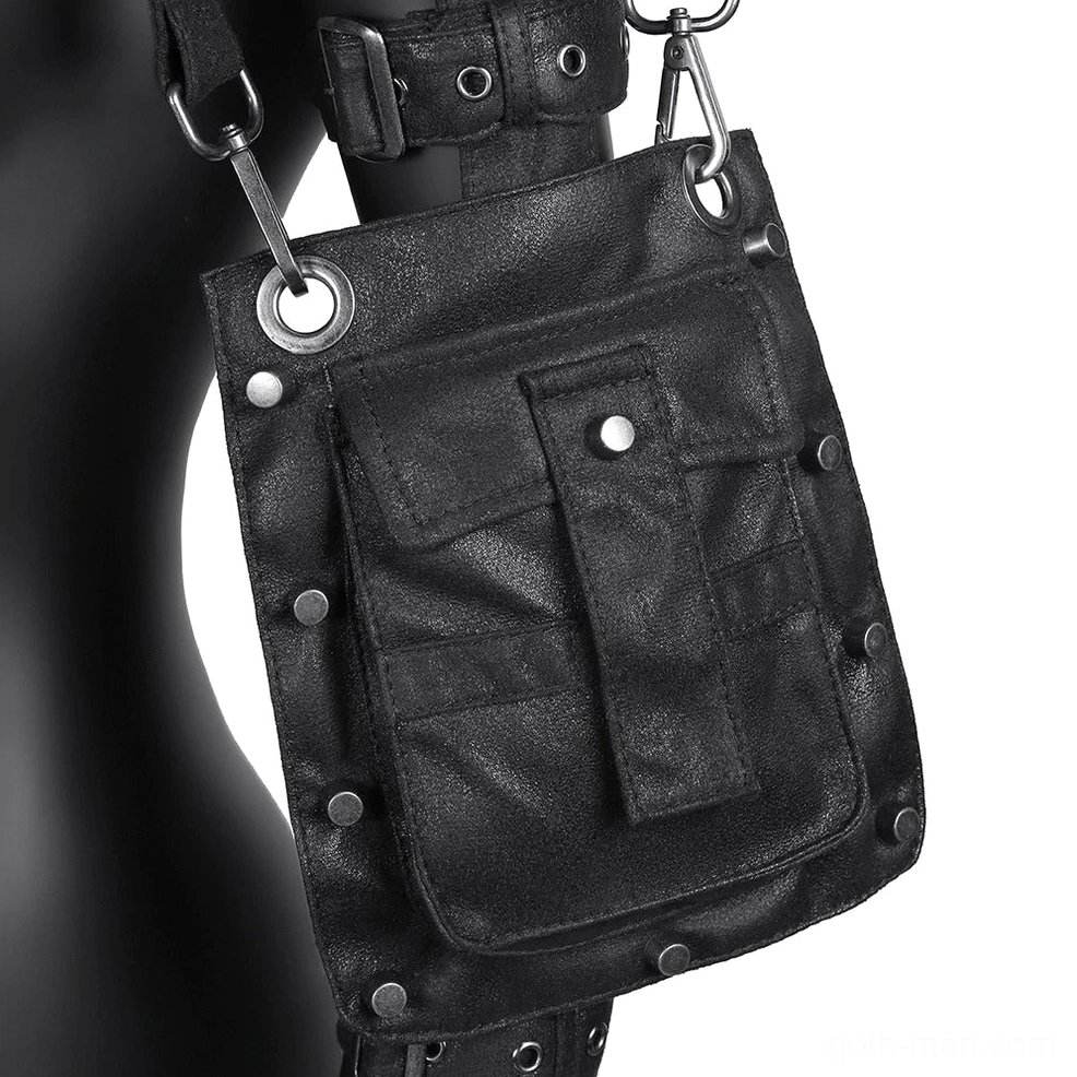 Black steampunk storage pouch with metal studs and flap pocket, front view showing gothic design elements