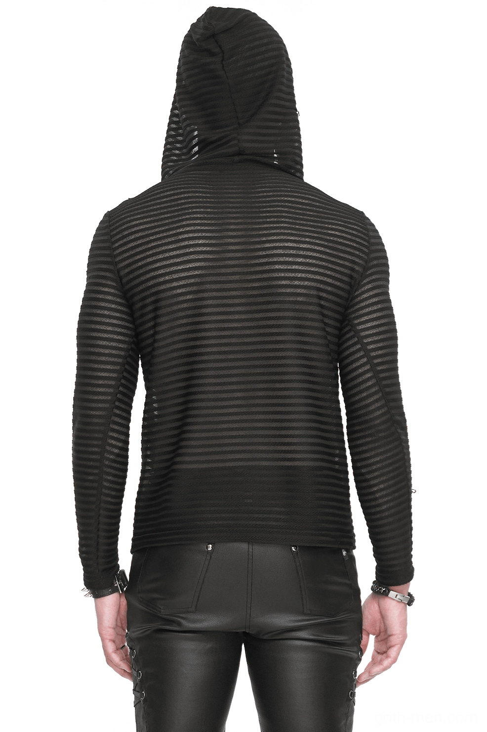 Gothic striped hoodie rear view showing back design and fitted sleeves with leather styling