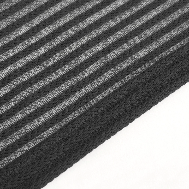 Striped hoodie fabric detail showing black and grey horizontal mesh stripes close-up