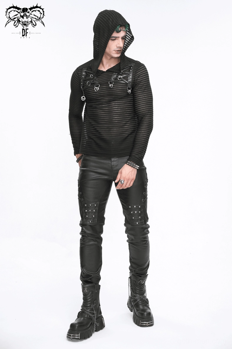 Men's gothic striped hoodie cowl neck and shoulder construction detail