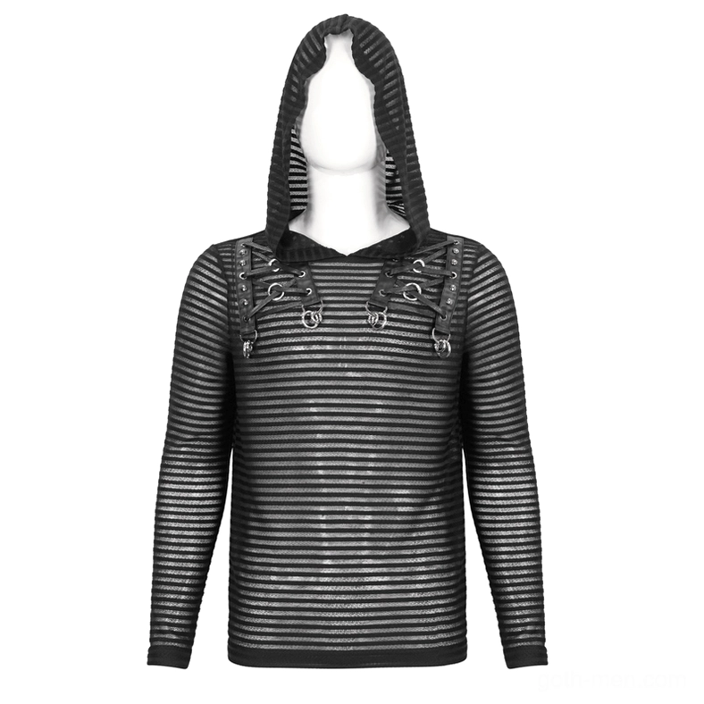 Black gothic striped hoodie with dual chest lace-up details on headless display mannequin