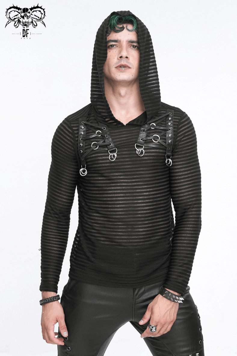 Complete gothic striped hoodie silhouette showing fitted cut and cowl neckline