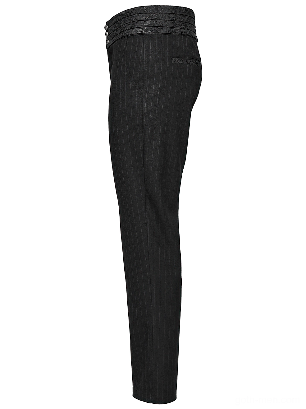 Side view flat display of black striped gothic dress pants, pinstripe fabric texture detail, single pocket