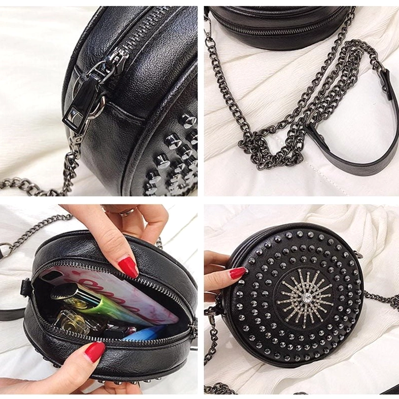 Close-up detail shots of black gothic bag featuring metal zipper closure and rivet edge ornamentation