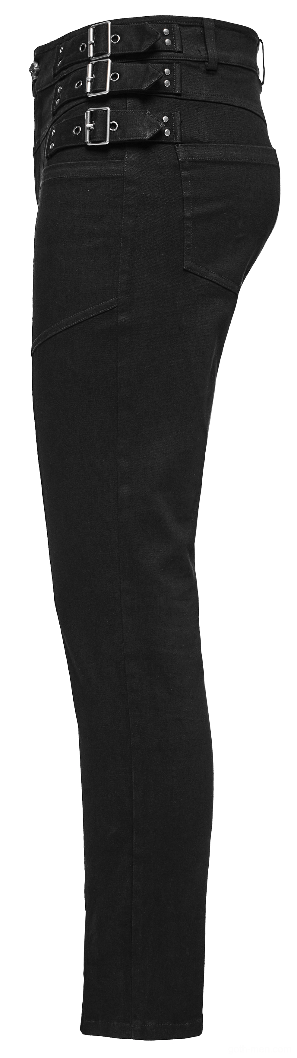Side profile view of studded gothic denim pants showing tapered leg and waist hardware fastening