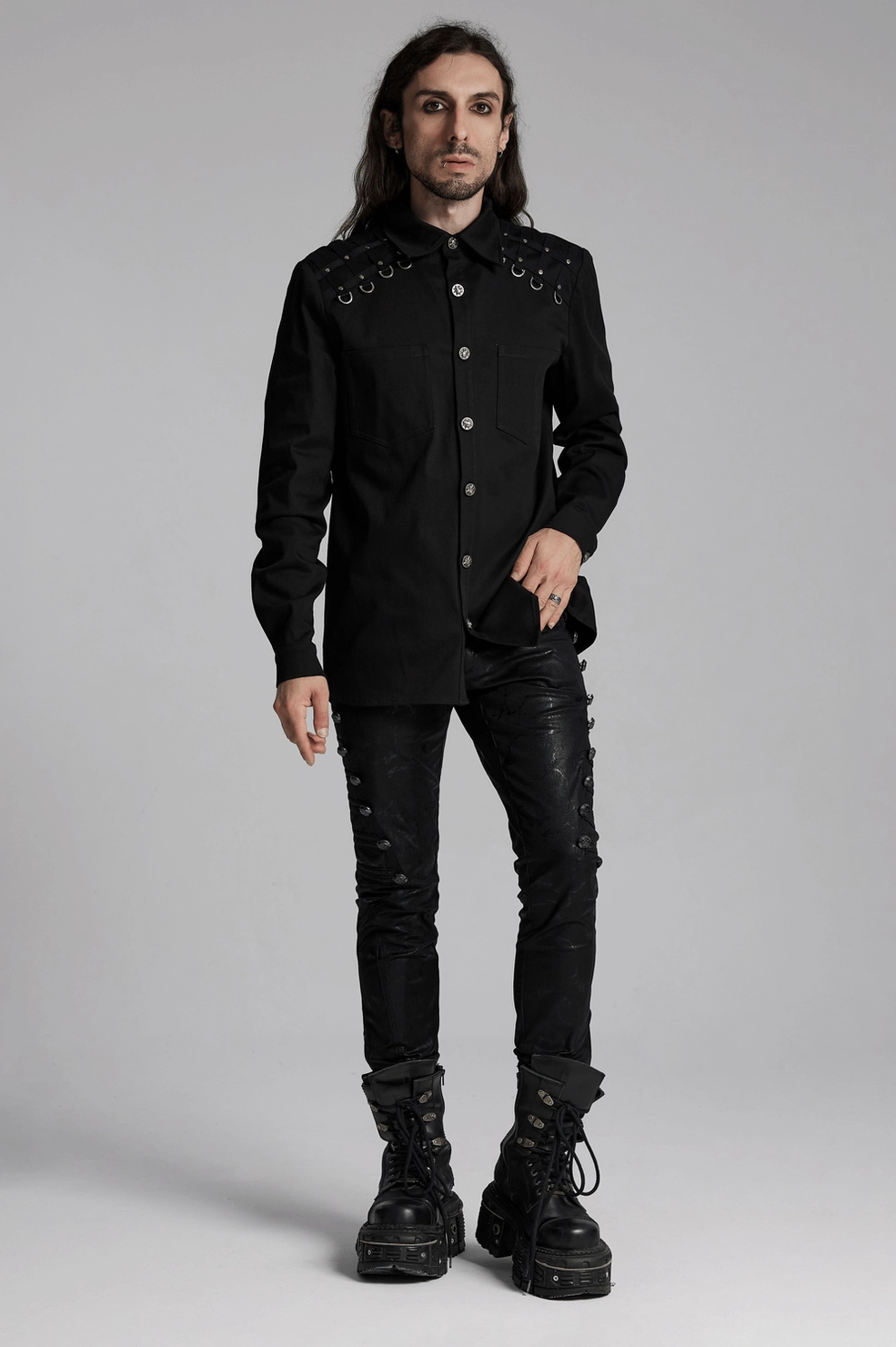 Black gothic twill shirt alternative styling showcase with metal hardware and alternative fashion aesthetic