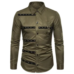 Army green gothic studded long sleeve shirt front view with metal stud chest detailing