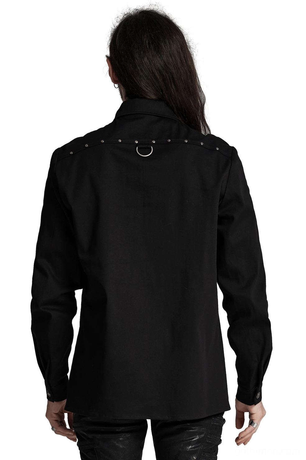 Black gothic twill shirt rear view showing back shoulder stud accents and D-ring details on male model