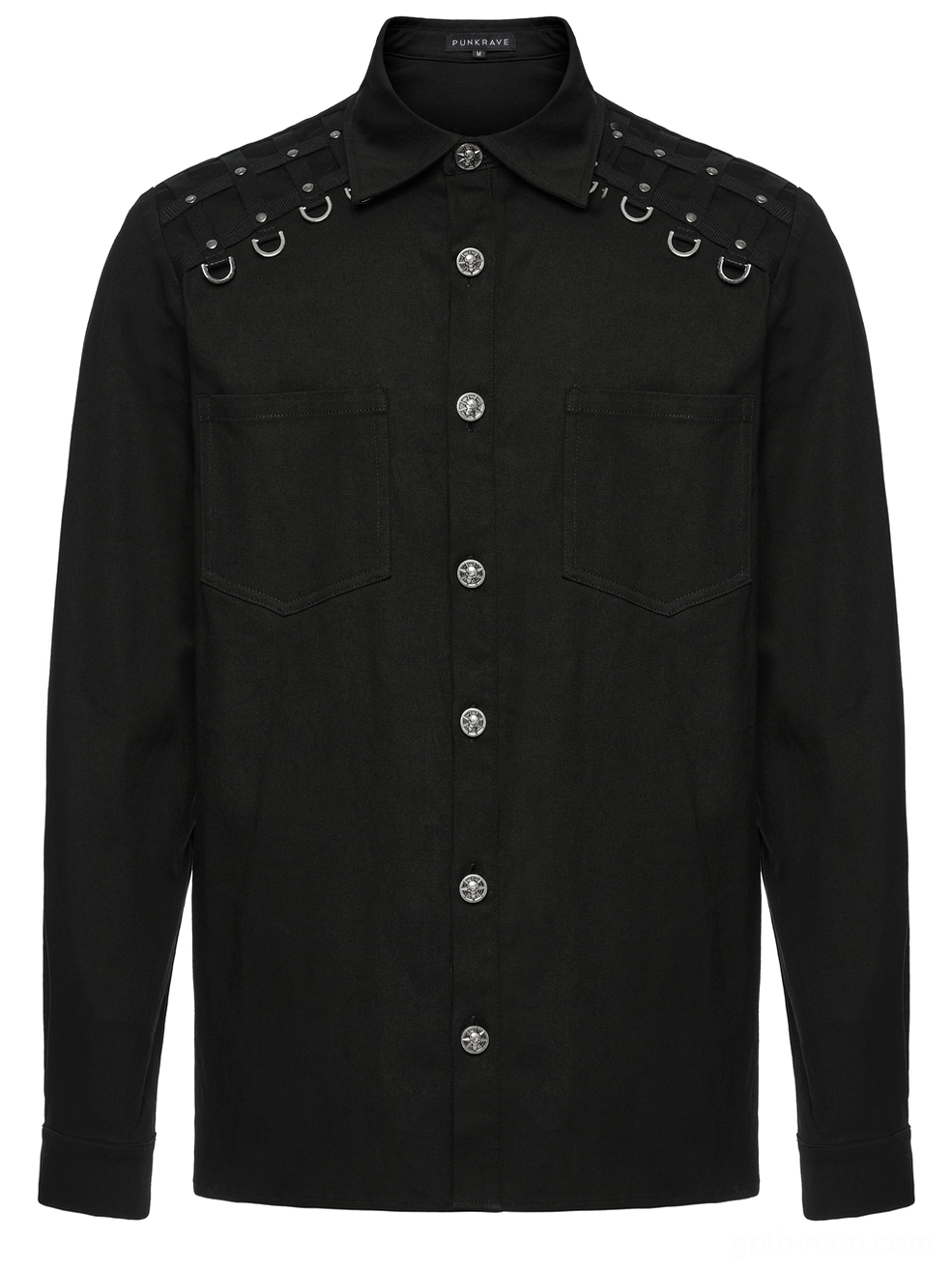 Black gothic twill shirt front flat lay display with dual chest pockets metal snap closures and studded shoulder rings