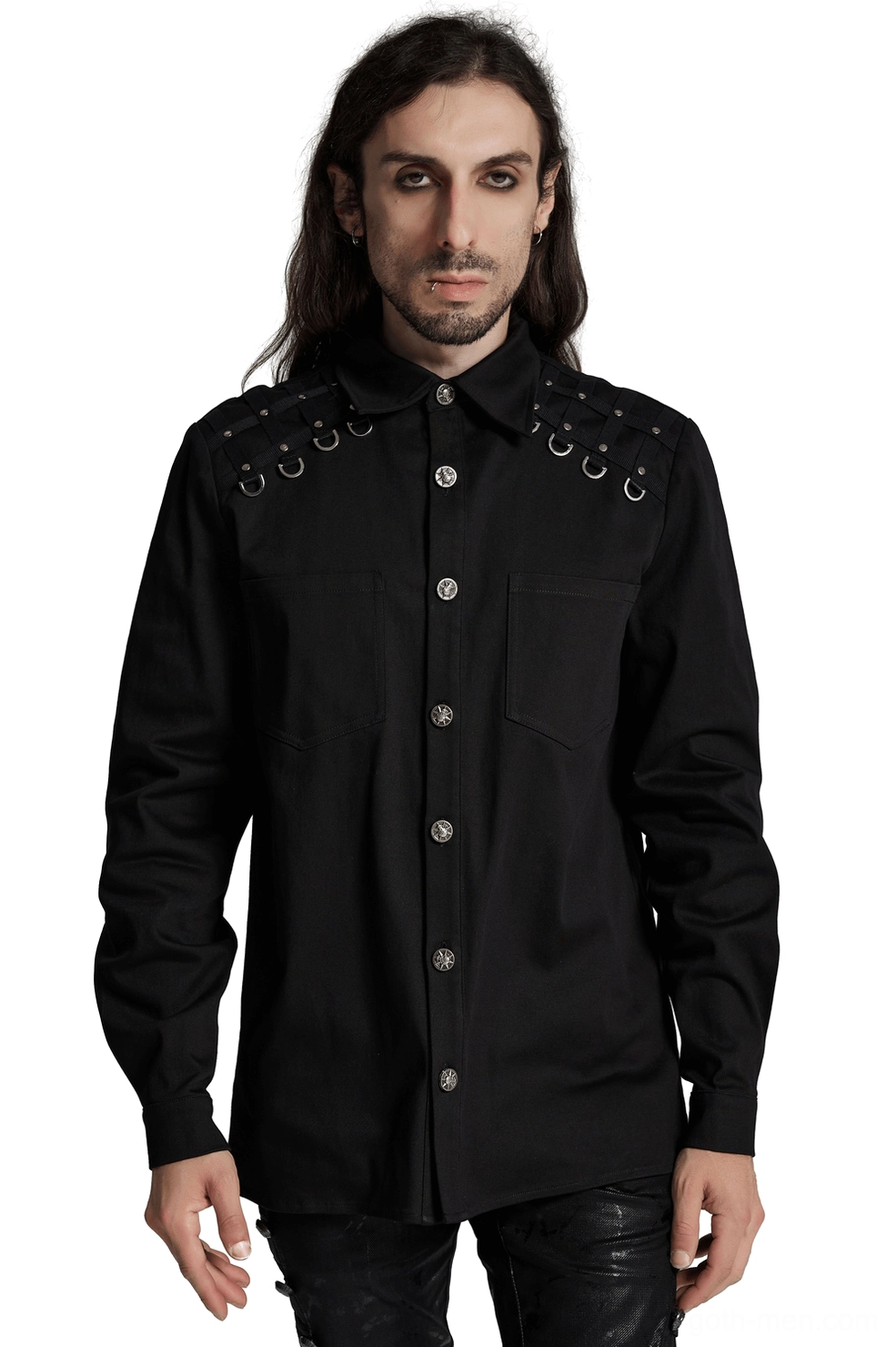 Black gothic studded twill shirt front view with metal D-ring shoulder hardware and snap buttons on male model