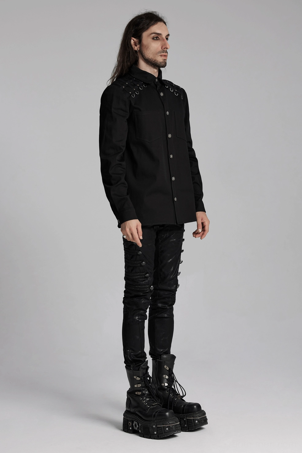 Black gothic shirt full length display highlighting metal stud shoulder accents D-ring hardware and twill fabric quality