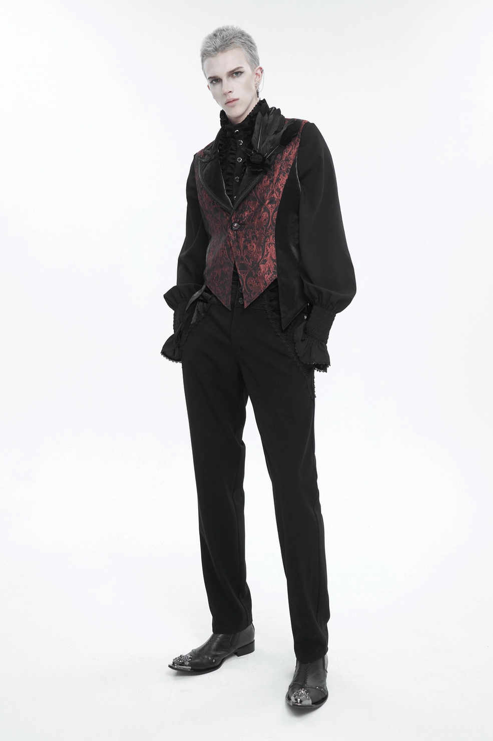 Gothic swallowtail waistcoat full body shot showcasing fitted silhouette and design