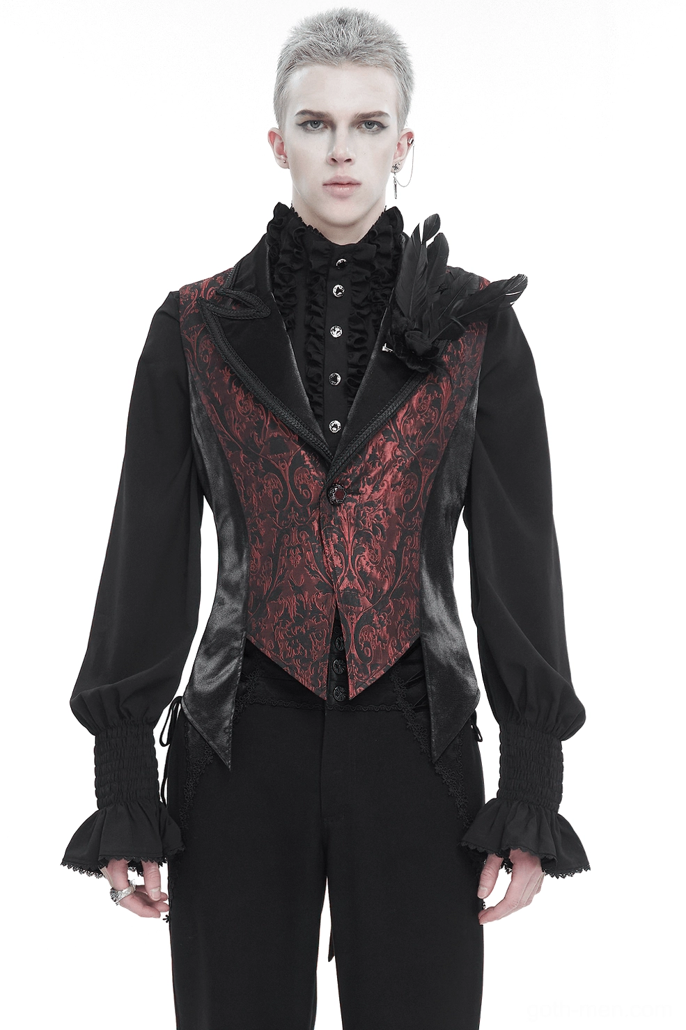 Wine red gothic swallowtail waistcoat with black feather brooch, frontal view on male model