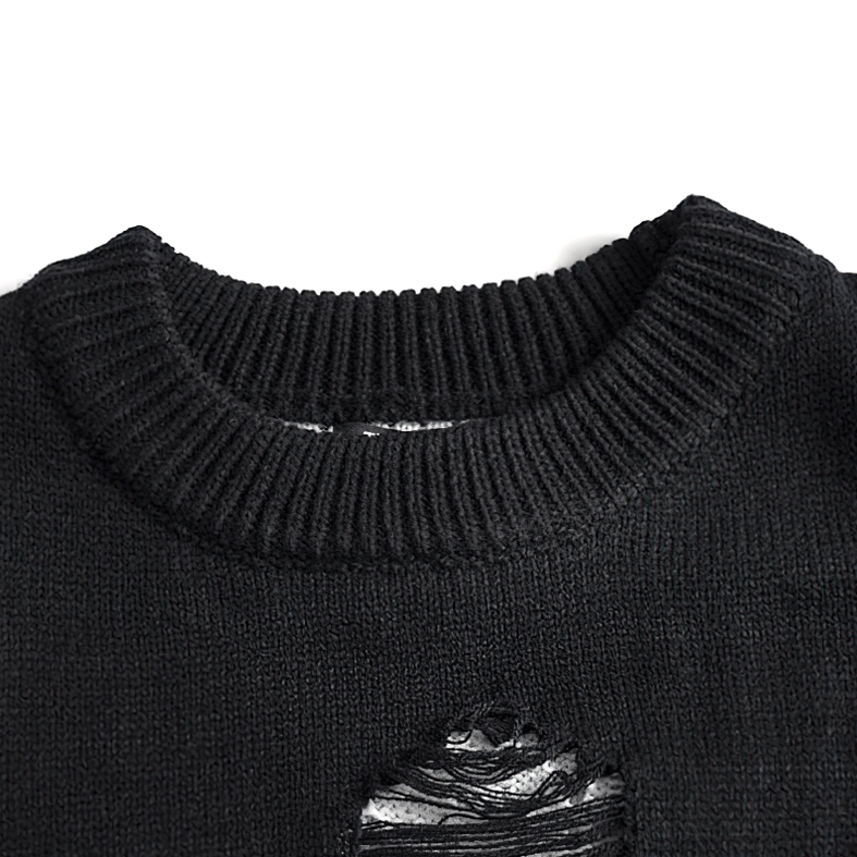 Close-up of black knit sweater ribbed crew neck with exposed ripped detail - gothic neckline focus