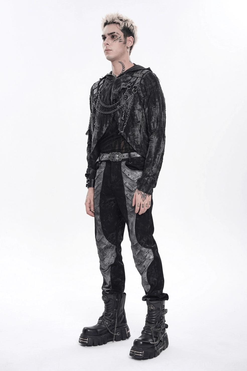 Black distressed gothic hooded mesh sweatshirt with industrial buckle and chain hardware