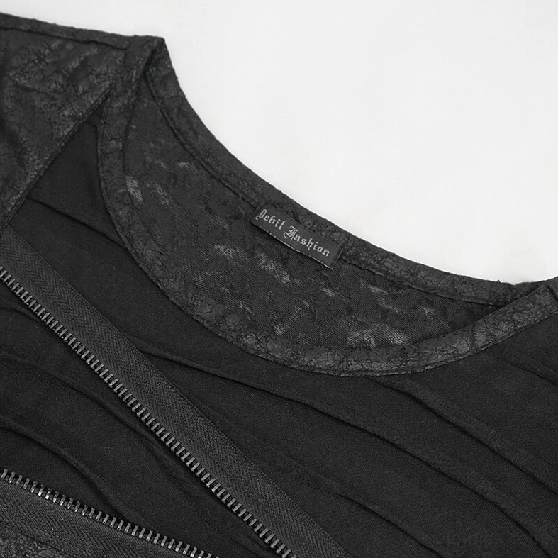 Men's gothic t-shirt collar close-up showing layered pleats zipper trim and brand label detail