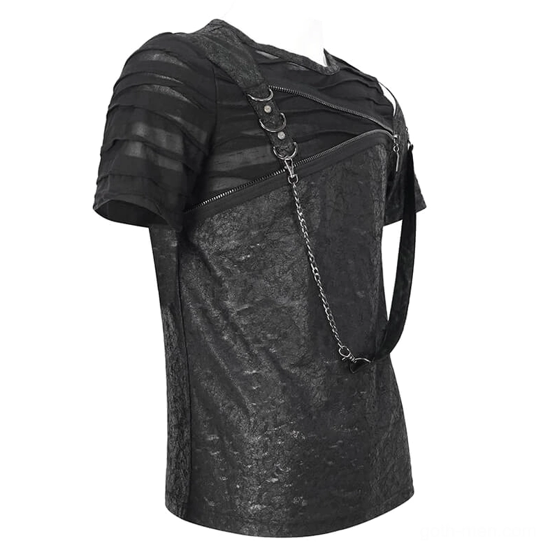 Men's gothic t-shirt left side view displaying crossbody chain strap and zipper details