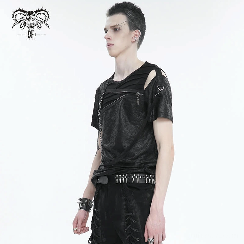 Men's gothic t-shirt with metal zipper accents and industrial chain elements full view