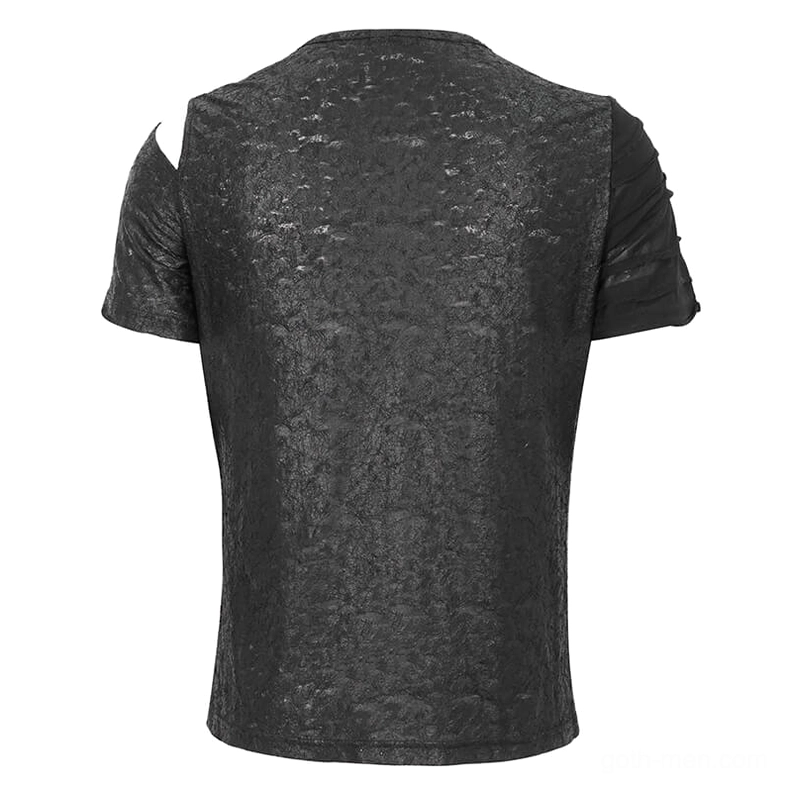 Men's gothic t-shirt rear view on mannequin displaying textured cracked fabric and single cold shoulder