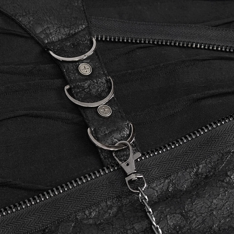 Men's gothic t-shirt zipper and chain strap close-up with metal rivets and industrial detail