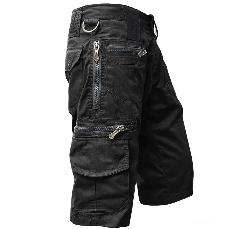 Black multi-pocket gothic military cargo shorts with zippered pockets, rear three-quarter view on white background