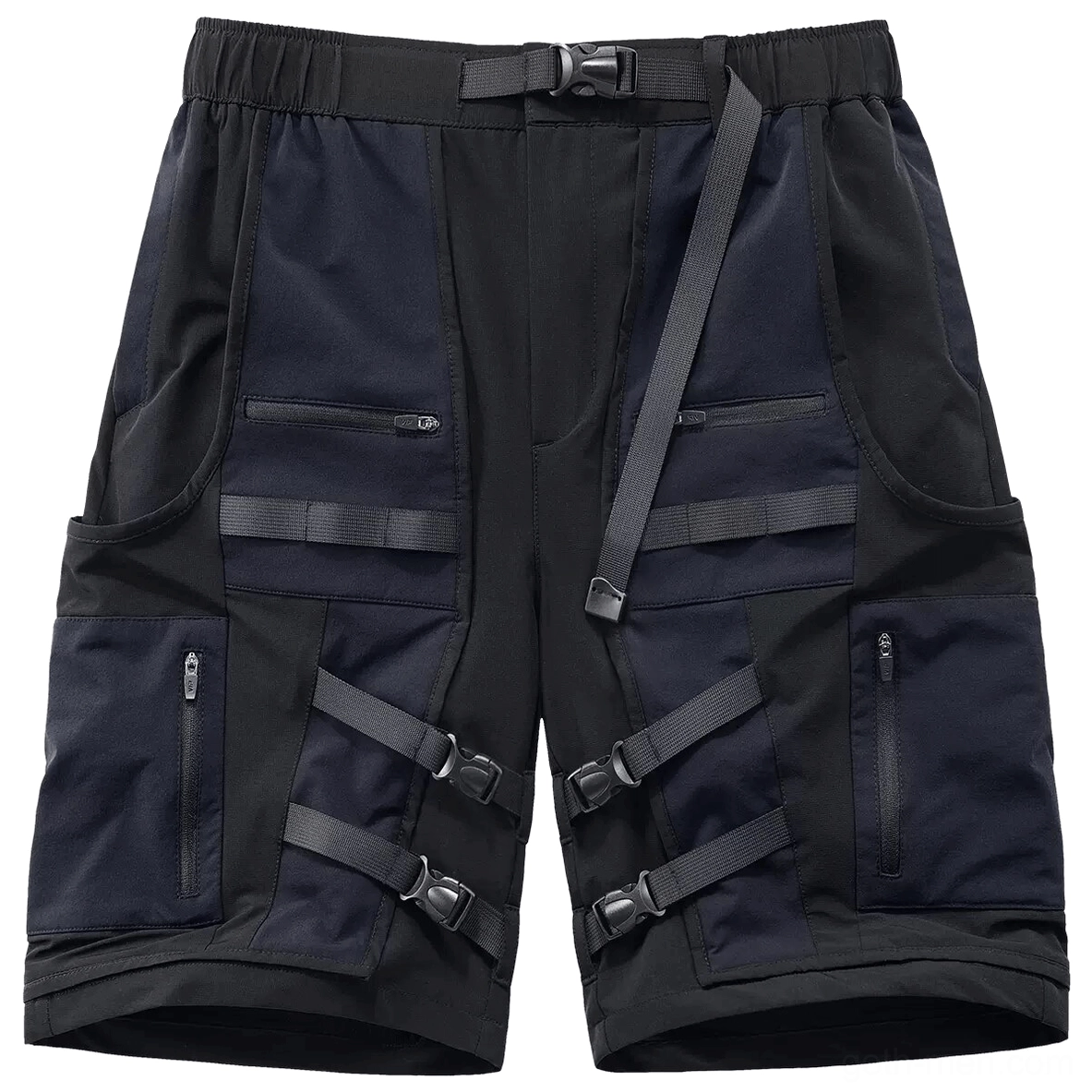 Gothic tactical cargo shorts front view flat lay - black multi-pocket design with webbing accents and color-blocking