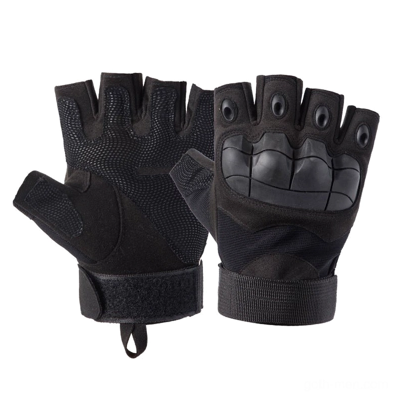 Black half-finger tactical combat gloves front flat view, pure black colorway with protective knuckle plates and secure wrist strap