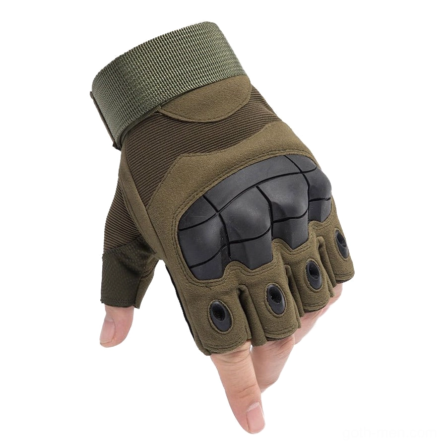 Black tactical half-finger gloves side-front close-up showing hard knuckle guards and fingerless protective design on model hand