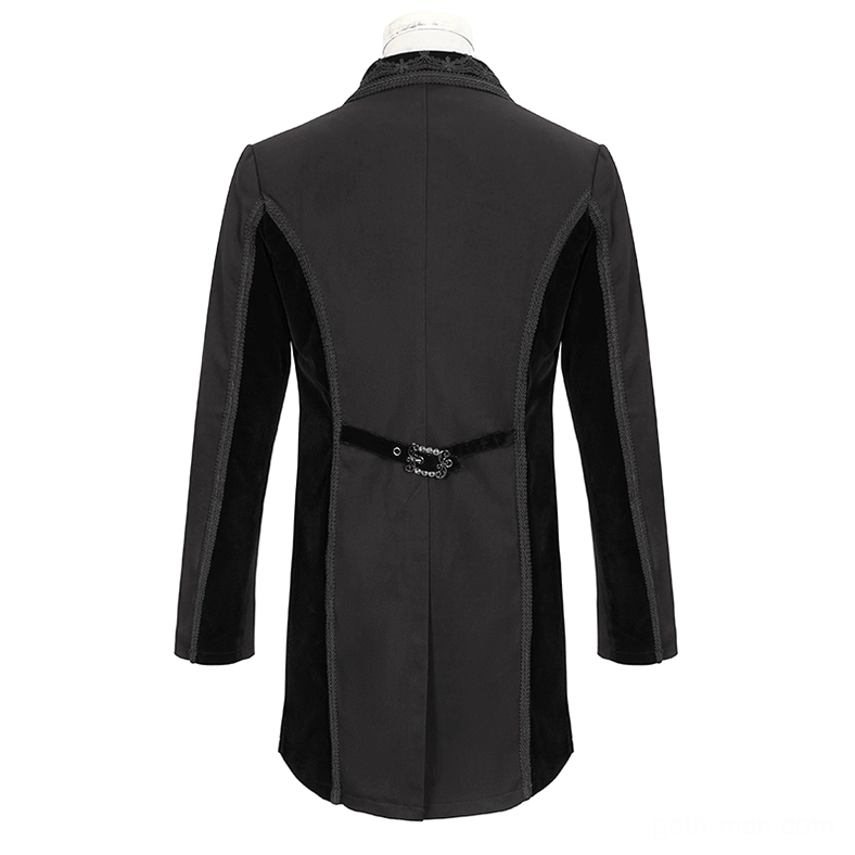 Gothic tail coat back view on dress form showing tailored seams, waist buckle adjustment, and structured fit