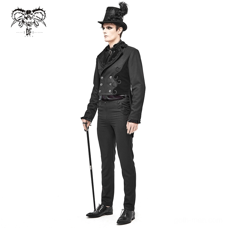 Black formal gothic tail coat on dress form, front angle showing overall fitted structure and embroidered accents