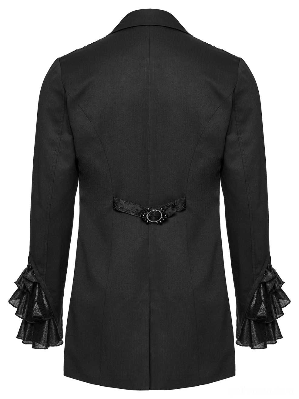 Flat back view of gothic tailcoat jacket showing central seam construction, adjustable waist strap, and tailored fit silhouette