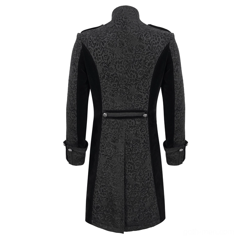 Black gothic tailcoat back flat view with velvet side panels and extended hem