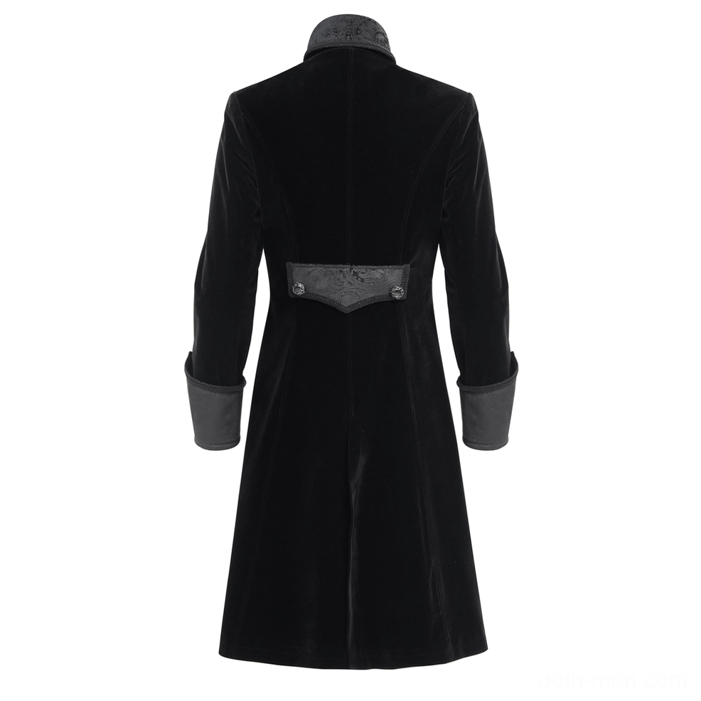 Gothic tailcoat rear view on mannequin, displaying back waist decorative tab, long tailored hem, and pristine black velvet construction