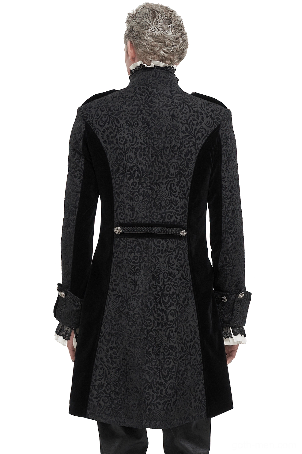 Black gothic tailcoat rear view showing back jacquard pattern and waist strap