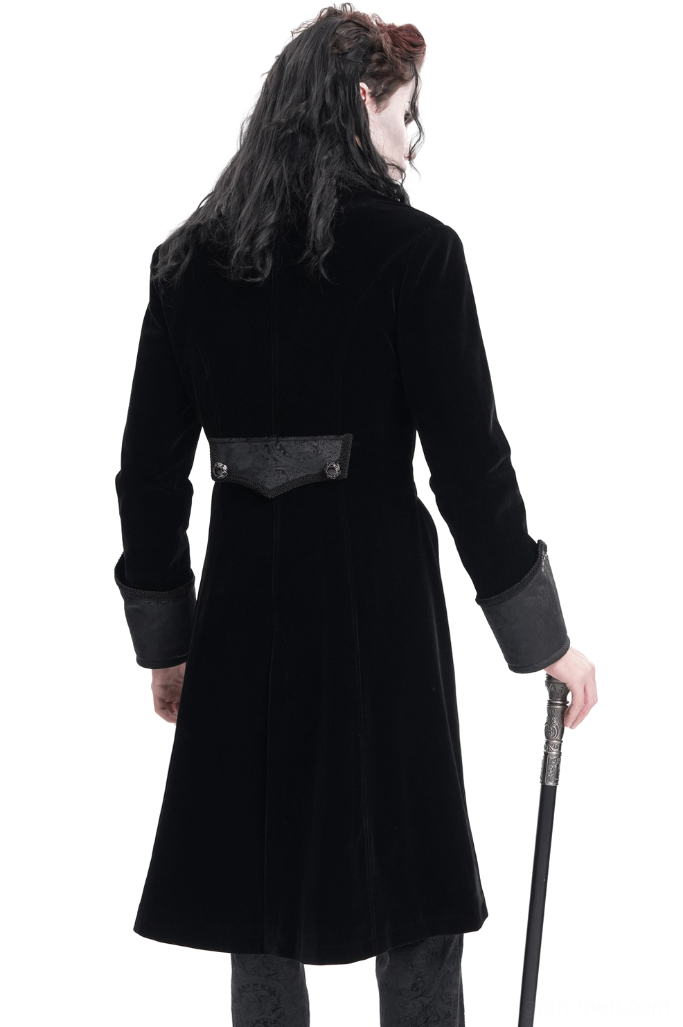 Gothic Victorian tailcoat rear view showing long tail hem, back waist decorative tab, and dramatic silhouette - male model wearing with walking cane