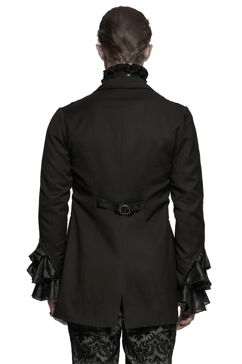 Gothic men's tailcoat from rear view displaying adjustable waist buckle strap, back seam construction, and dramatic ruffled cuffs